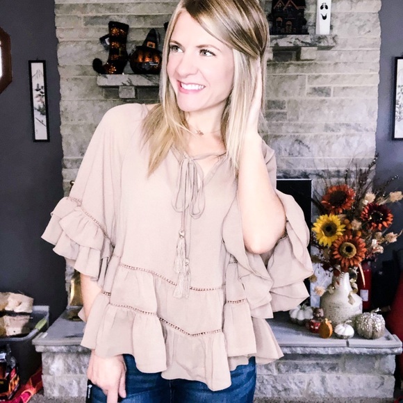 ODDY Tops - NWT Gorgeous Ruffle Taupe Blouse